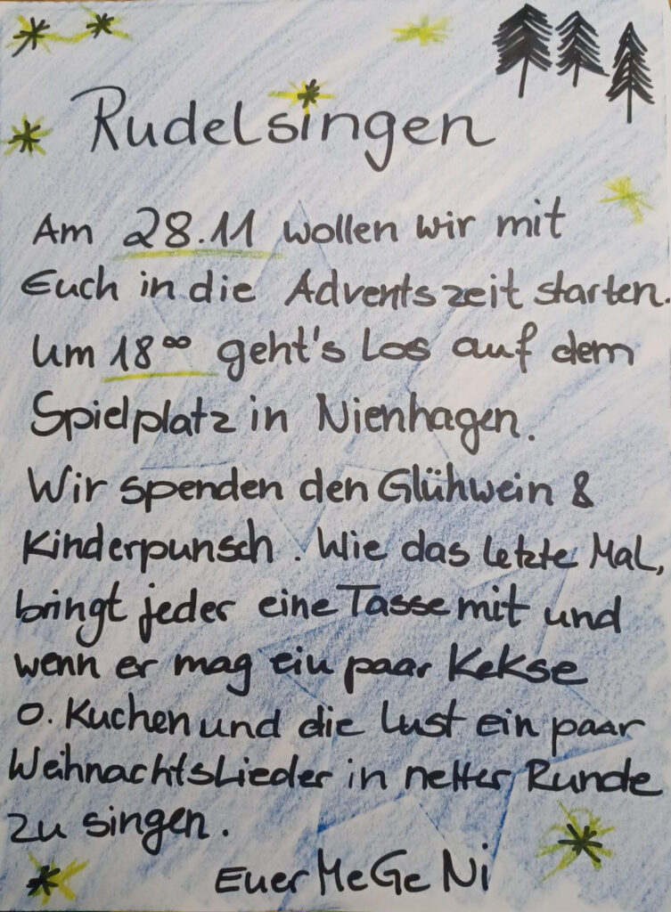 Einladung Rudelsingen Nienhagen 28.11.2022 18 Uhr